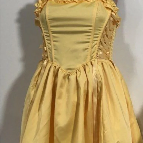 Sugar Thrillz Corset Cinched lace up Cottage Fairy Yellow Ruffle mini Dress - Picture 5 of 9